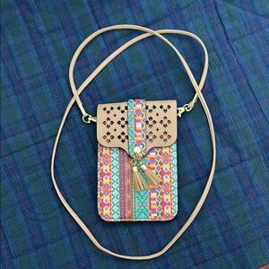 Tan Mini Crossbody Bag with Intricate Pattern